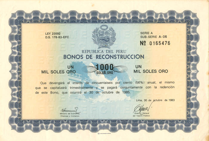 Republica Del Peru Bonos De Reconstruccion - 1,000 Soles Ore